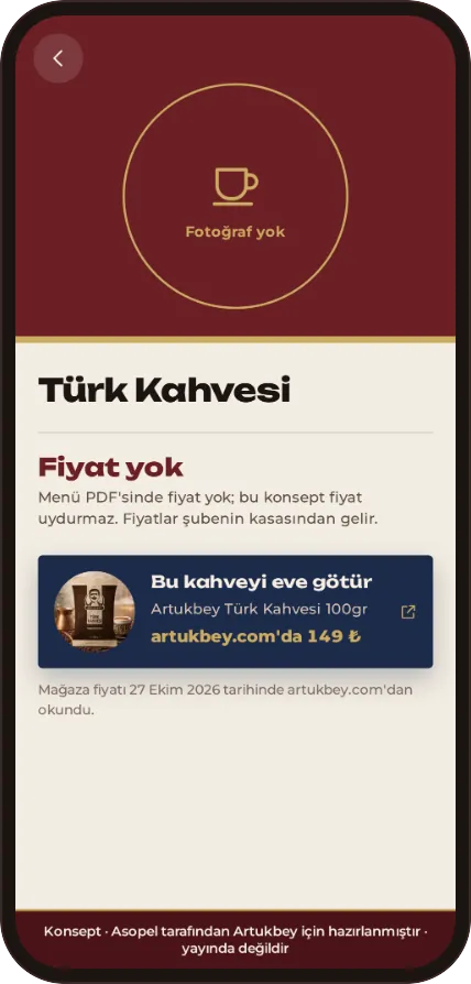 Menü konsepti, ürün sayfası: Türk Kahvesi ve online mağazadaki paketine bağlantı