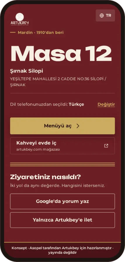 Menü konsepti, karta dokununca açılan ekran: Masa 12, Şırnak Silopi, Menüyü aç ve Kahveyi evde iç düğmeleri